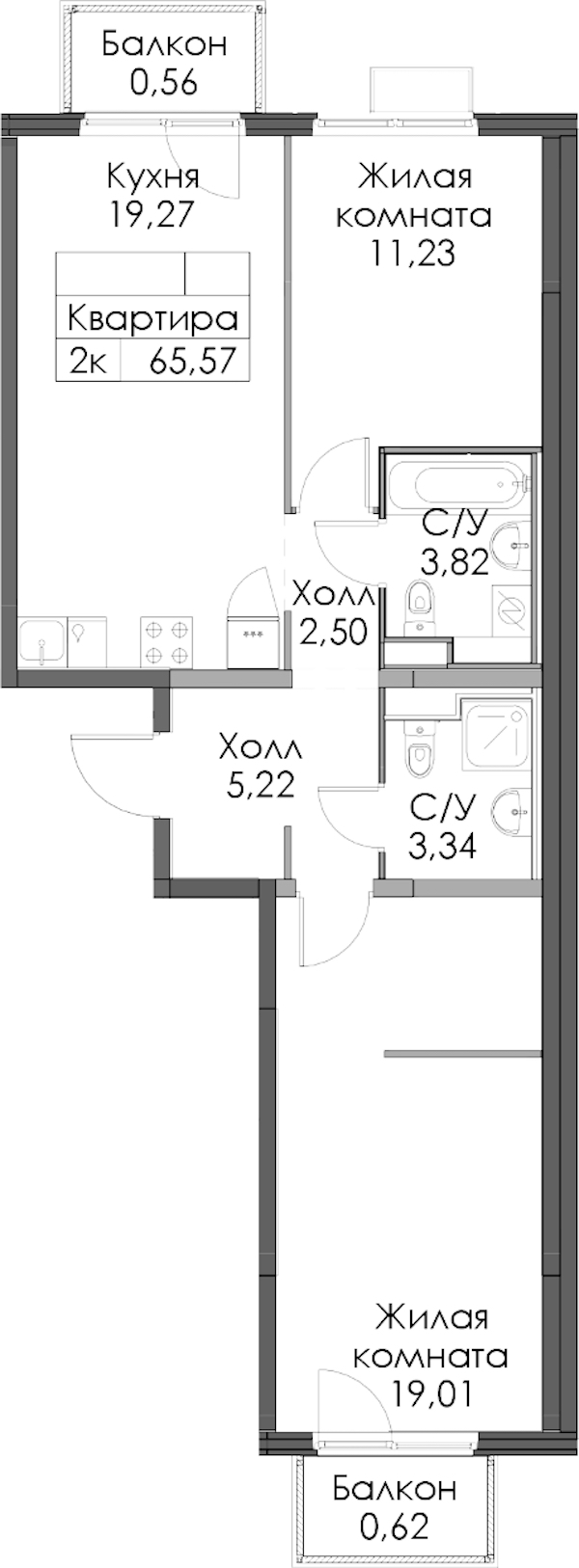 2-комнатная квартира 65.57 м², 2/12 эт., ЖК «Таллинский парк»